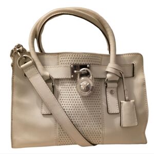 Michael Kors Off-White Leather Hamilton Microstud Center Stripe Satchel EUC